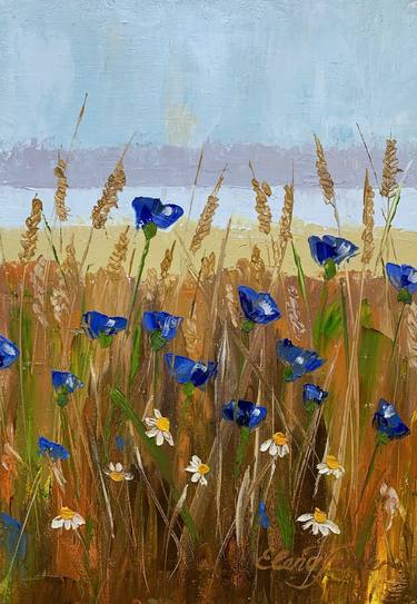 "Cornflowers Lea" Yellow Field with Blue White Flowers, Oil Painting thumb