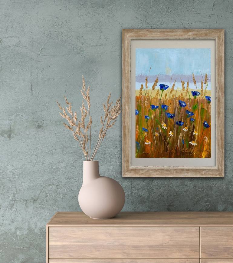 Cornflowers Lea Yellow Field with Blue White Flowers, Oil Painting ...