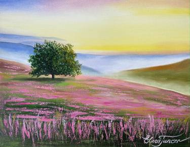 ''Pink Radiance'' Pink Lavender field Single Tree on Sunrise, Oil on Canvas thumb