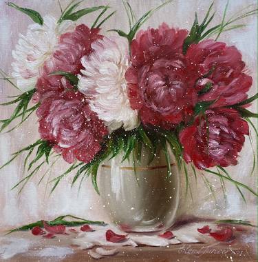 ''Heightened Feelings'' Red Peonies Bouquet, Oil on Canvas thumb