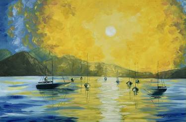 ''Morning Light'' Sunrise, Sun Spot Seascape, Mountain view, oil on canvas thumb