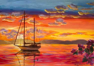 ''Summer Melody'' Acrylic Painting Sailboat Sunset Flowers thumb
