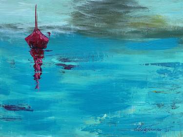 ''I Believe In Story'' Turquoise Sea Abstract Red Sailboat , Acrylic on Canvas thumb