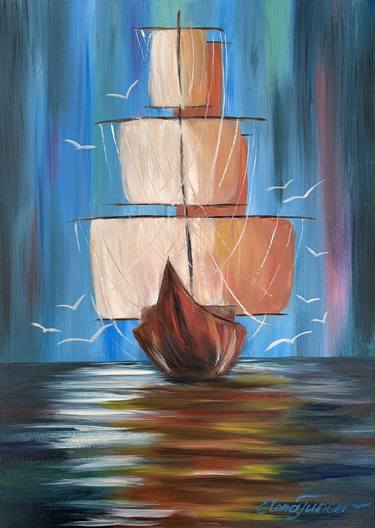''Mysterious'' Sailing Ship in Northern Light, Oil on canvas thumb