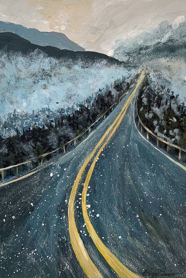 ''Dream Bigger'' Mountain Foggy Road, Acrylic on Canvas thumb