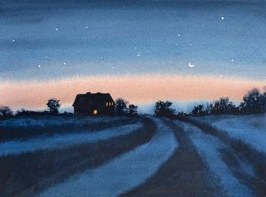 ''Country-side Sunrise'' Texas Country life Farm Night Meadow Sunrise Watercolor on Paper thumb
