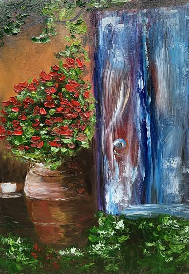 ''Cozy CountryYard'' Geranium Flowers Italy Street and Blue Door, Oil on Canvas thumb