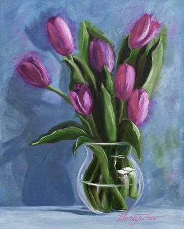 ''Valse'' Pink Purple Tulips Plants in a Vase on Table, Oil on Canvas thumb