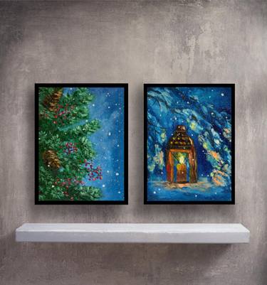 Diptych ''Magic Winter'' Set of Two Snow Paintings Oil on Canvas thumb