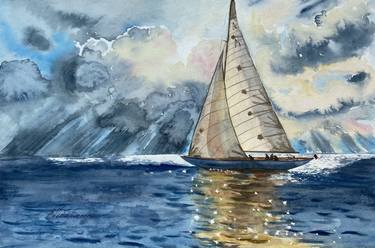 ''Warm Breeze'' Cloudy Sun After Rain Sailing Yacht, Watercolor on Paper thumb