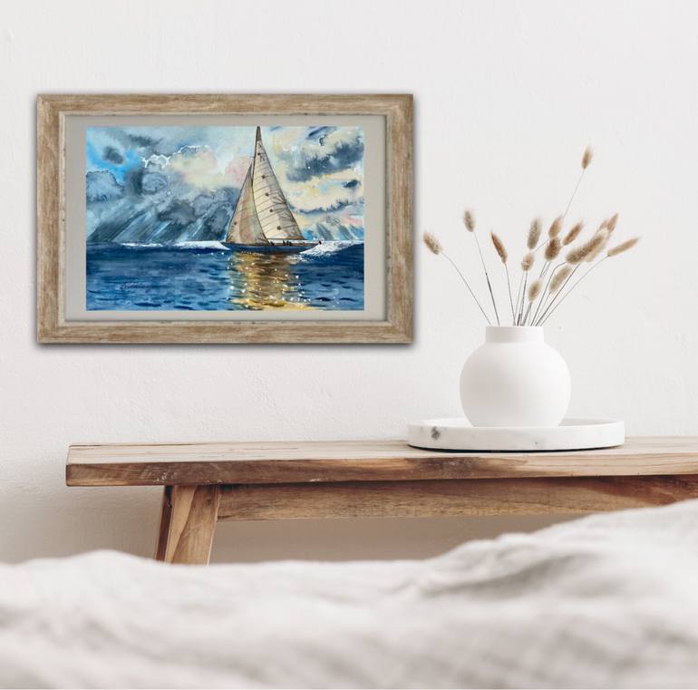 Original Art Deco Boat Painting by Elena Tuncer