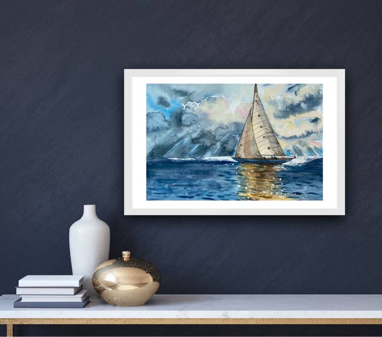 Original Art Deco Boat Painting by Elena Tuncer
