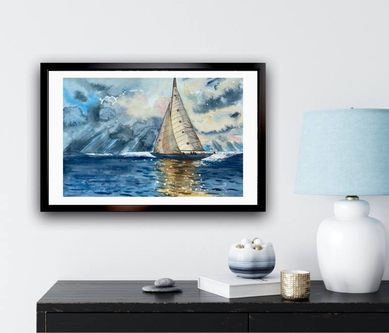 Original Art Deco Sailboat Painting by Elena Tuncer