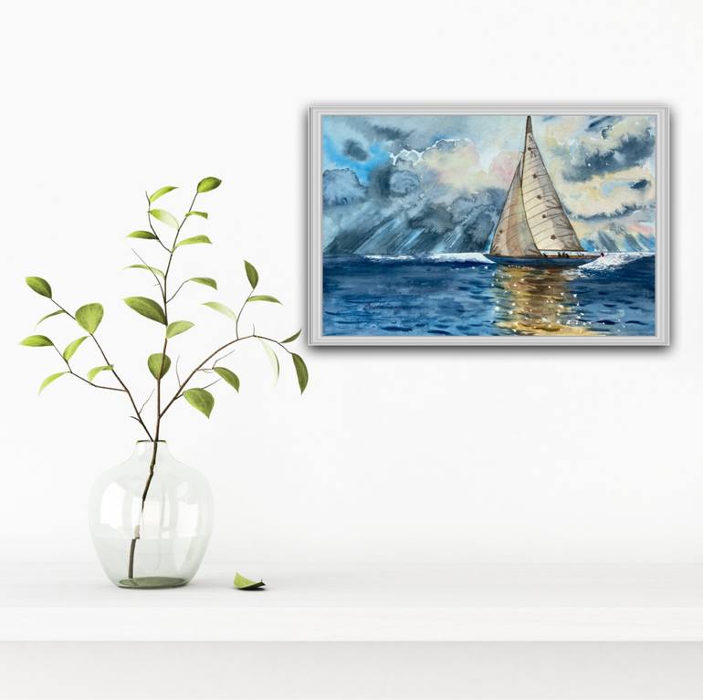 Original Art Deco Boat Painting by Elena Tuncer