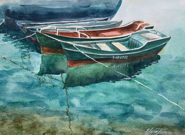 Fishing Boats on deep green water in port, Watercolor on Paper thumb