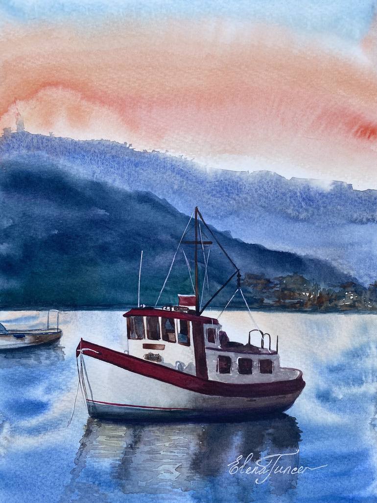 Watercolor three colorful wooden fishing boats Poster for Sale by