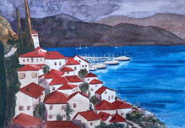 ''Up Close'' South West Town Seaside with red roofs, blue sea, Watercolor on Paper thumb