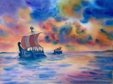 ''Ancient Sailing'' Old Greek War Ships, Colorful Sunset Sky, Multicolor Sea, Watercolor on Paper thumb