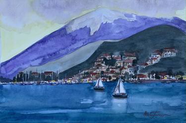 Seascape Original ''Fethiye Dream'' Sea Coastline City Watercolor thumb