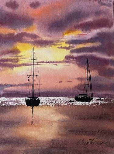 "Eventide" Seascape Sailing Yachts Sunset Cloudy Sky, Watercolor on Paper thumb