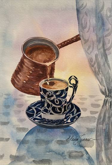 ''Turkish Coffee Time'' Traditional coffee pouring in Cup, World Culture, Coffee lover, Watercolor on Paper thumb