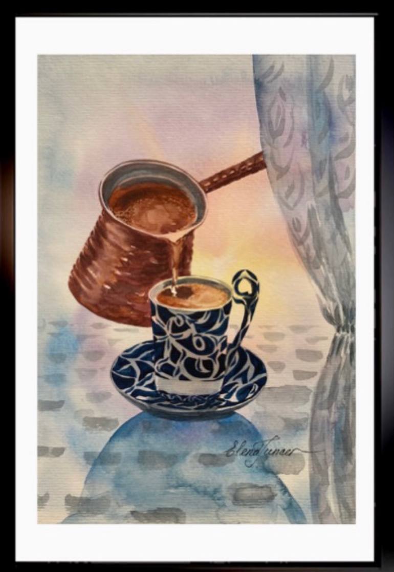 Cezve (turka) for coffee - watercolor illustration By olyamore