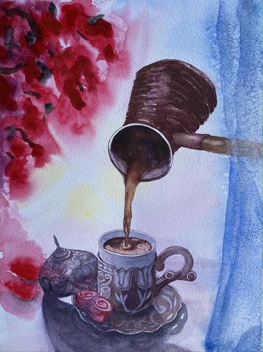 ''Dream of Coffee'' Traditional Turkish Coffee Cup Culture Authentic Drinks,Watercolor on Paper thumb