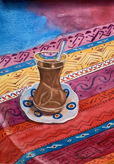 ''Turkish chai'' Traditional tea glass, Turkish Style, Authentic Multicolor Ornament Tablecloth, Watercolor on Paper thumb