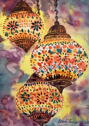 ''Colorful Glow'' Asian Traditional Authentic Lights Colorful Turkish Lamps, Watercolor on Paper thumb