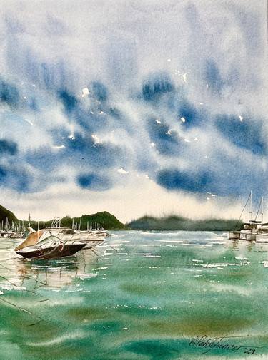 '' In the bay''yachts in port marine,peaceful sea,Watercolor thumb