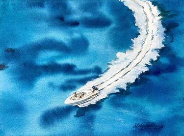 "Wave Time!" Speed Boat On the Crystal Blue Sea, Watercolor thumb