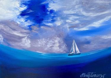 "Ocean Whisper" Sailing Yacht on the Open Ocean, Blue Seascape, Colorful Sky and Sea, Oil on Canvas thumb