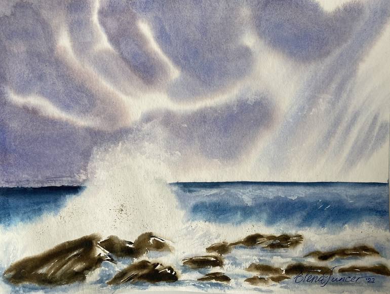 Splish Splash Waves on the Beach, Watercolor on Paper Painting by