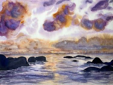 "Meditation" Seascape Stone Beach on Sunset, Watercolor on Paper thumb