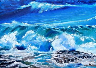 "Turning Blue" Big Wave on Rocky Beach Shore, Oil on Canvas thumb