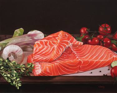 Raw salmon steak still life thumb