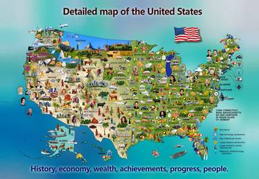 Detailed map of the United States includes history, economy, wealth, culture, achievements, progress, people thumb