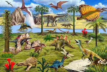 Prehistoric world, landscape with dinosaurs thumb