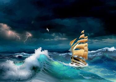 Sailing ship fighting waves and storm in the ocean thumb