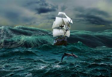 Sailing ship and dolphins fighting the waves in the ocean. thumb