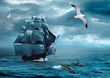 Sailing ship in ocean with dolphins thumb