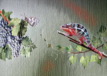 Chameleon and butterfly on the grapes. Insect on flowers and animal. thumb