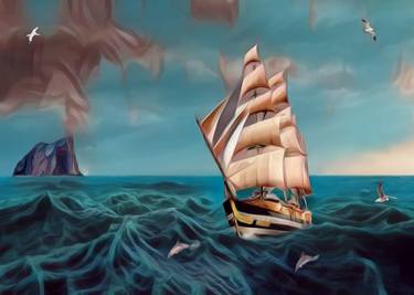 Sailing ship in the ocean in a storm with waves and dolphins. Marine sailboat on a seascape. thumb