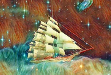 Sailing ship surrealism Abstract painting of a sailing ship in space. thumb
