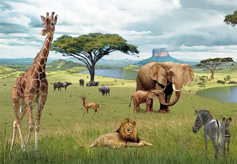 african landscape, giraffe elephant, african animals, Drawing by Radii  Sivak | Saatchi Art