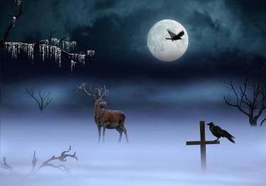 winter, night, crow, deer, moon, nature, landscape, gloomy thumb