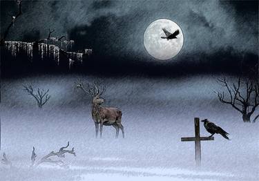 Pencil, winter, night, crow, deer, moon, dark thumb