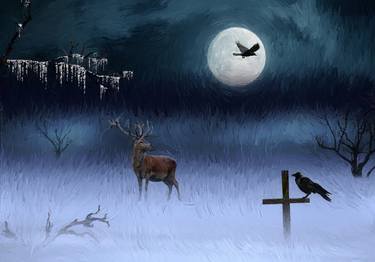 night, winter, snow, moon, crow, deer, animals, oil, painting, gift thumb