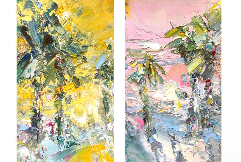 Original Beach Painting by Anastasia Grace | Abstract Art on Corrugated Cardboard | Palm Beach Abstract Impasto Oil Set of 2 Textured Artwork
