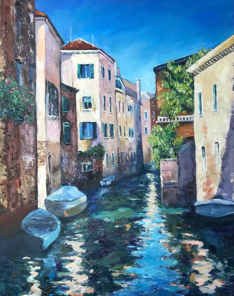 Large Original Oil painting on canvas, Italy, Venice, Canal view